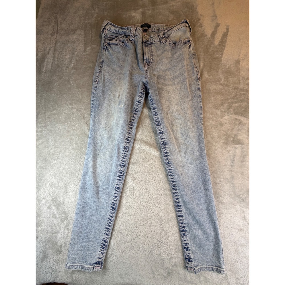 True Religion Jeans Women 34 Blue Jennie Curvy Mid Rise Super Skinny Pink Stitch